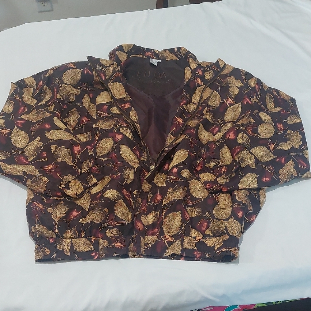 FUDA INTERNATIONAL Gold and Brown 100 % SILK Bomber Jacket with A Inside Pocket